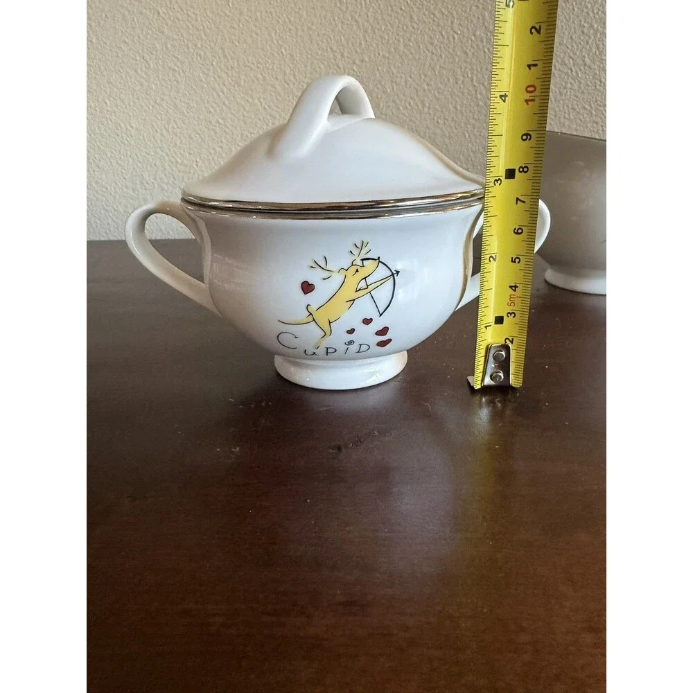Pottery Barn REINDEER Sugar Bowl & Creamer Set Cupid Comet Christmas Holiday EUC